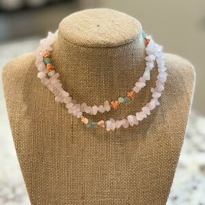 Vintage Pink Quartz necklace with green Aventurine and  Angel Skin Coral